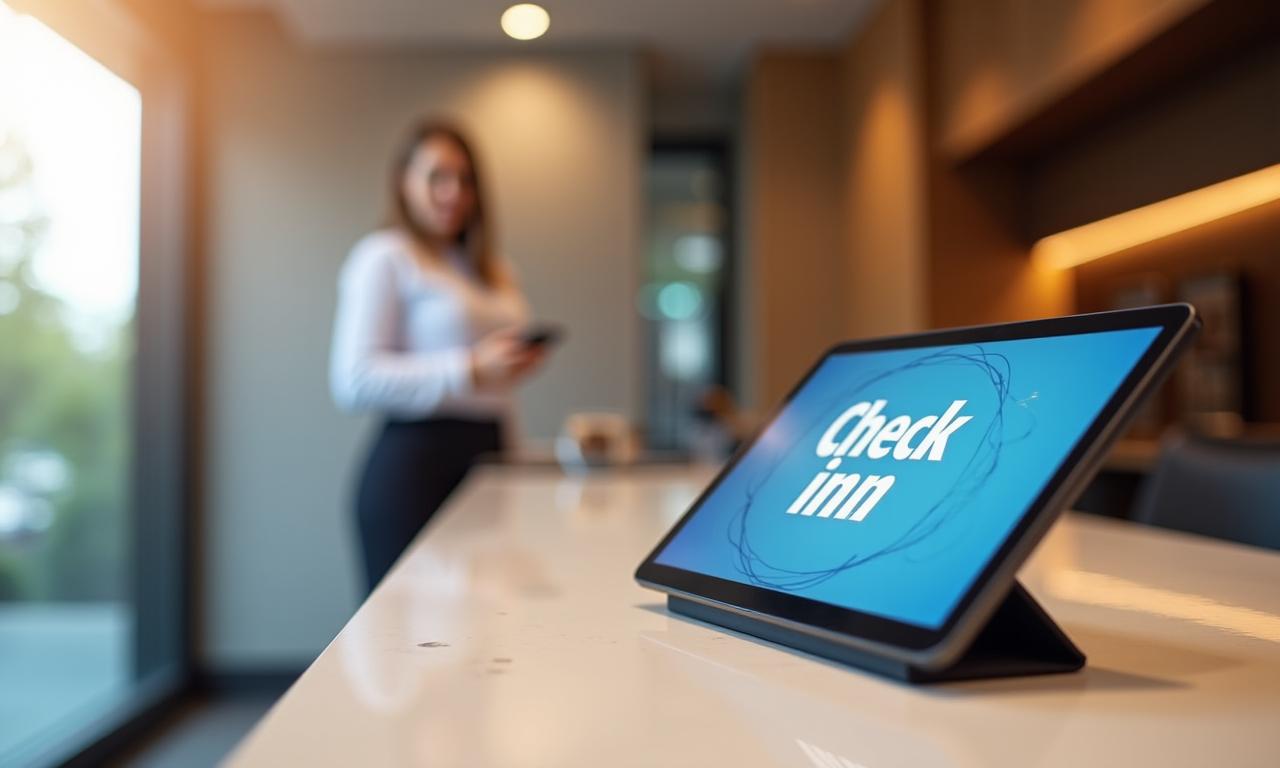 Recepción de un hotel moderno y tecnológico utilizando una tablet para el check-in.